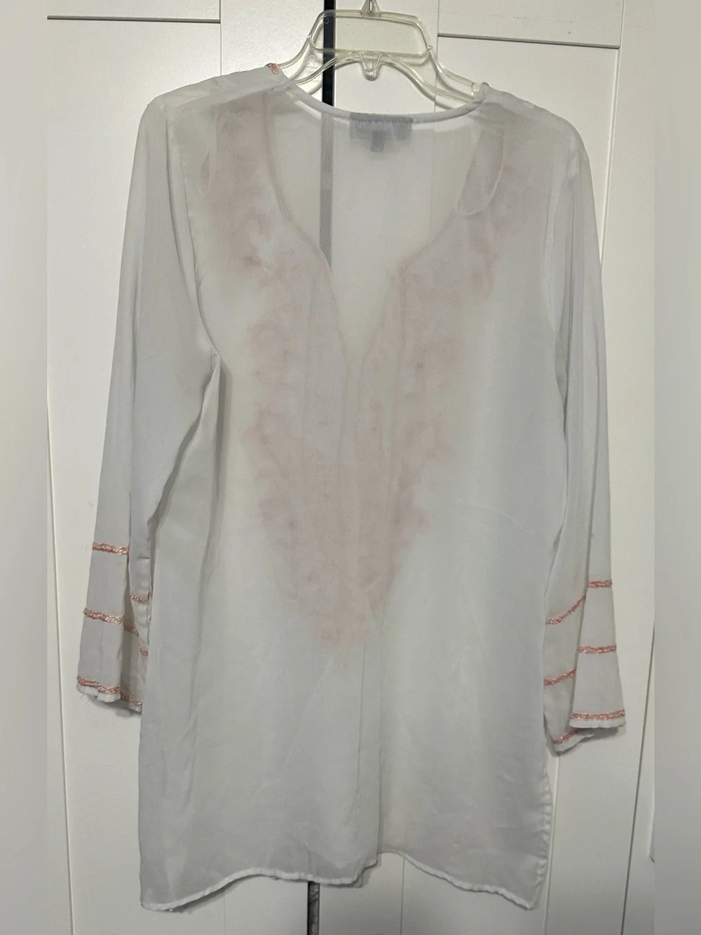White Tunic Swim Cover Up Top with Pink Embroidery